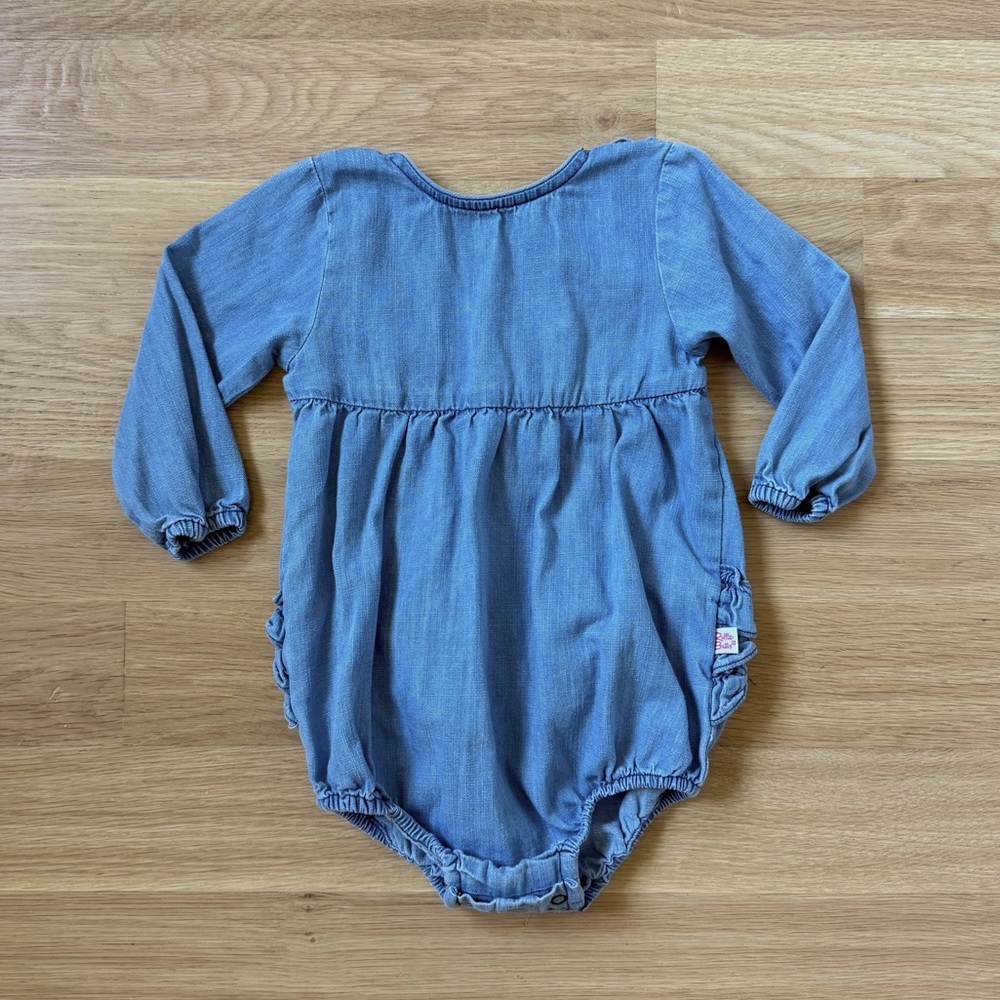 RuffleButts Chambray Long Sleeve Bubble Romper